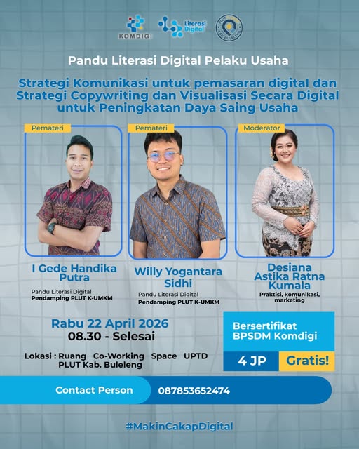 Pelatihan GRATIS dengan tema:  “Strategi Komunikasi untuk pemasaran digital dan Strategi Copywriting dan Visualisasi Secara Digital untuk Peningkatan Daya Saing Usaha”